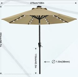 9ft Patio Umbrella with Solar Lights, Khaki
8 Ribs, 32 Solar LED Lights, Tilt & Crank, UV/Water-Resistant, Easy Setup, Ideal for Garden, Deck, Pool, N