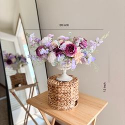 Faux Floral Arrangement in Purple and Cream, Artificial  Flower Centerpiece, Elegant Year-Round Table Decoration