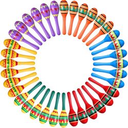 Hungdao 36 Pcs Mini Mexican Fiesta Wooden Maracas Bulk 6 Designs Wooden Maracas