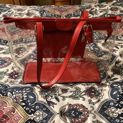 RED AND TRANSPARENT WOMEN’S TOTE BAG WITH COSMETIC BAG IN LIKE NEW CONDITION 