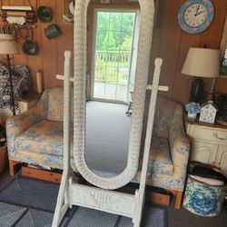 Boho Free Standing White Wicker Floor Mirror 6 ft full length tall stand up