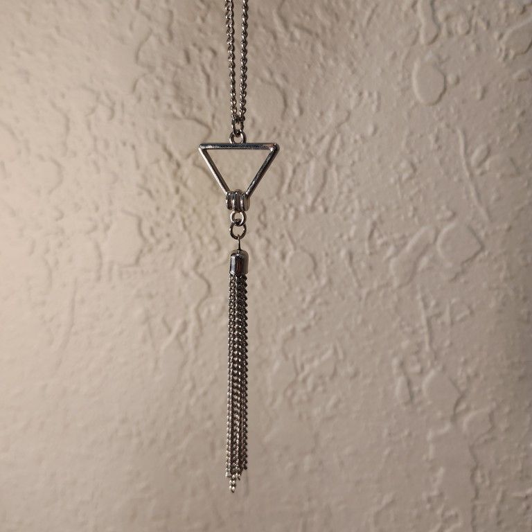 Tassel Pendant Necklace Inverted Triangle Silver Tone