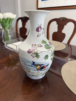 12.5” Chinese Porcelain Vase – Mandarin Ducks & Peony – Marked Base
