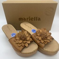Mariella Women Shoes Sandals Dark Tan Wedge Leather Floral Size 7.5M