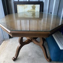Octagon shaped Vintage Dining Table With Removable Top Glass