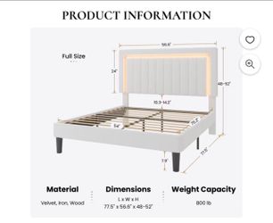 Full size white velvet bed frame with led