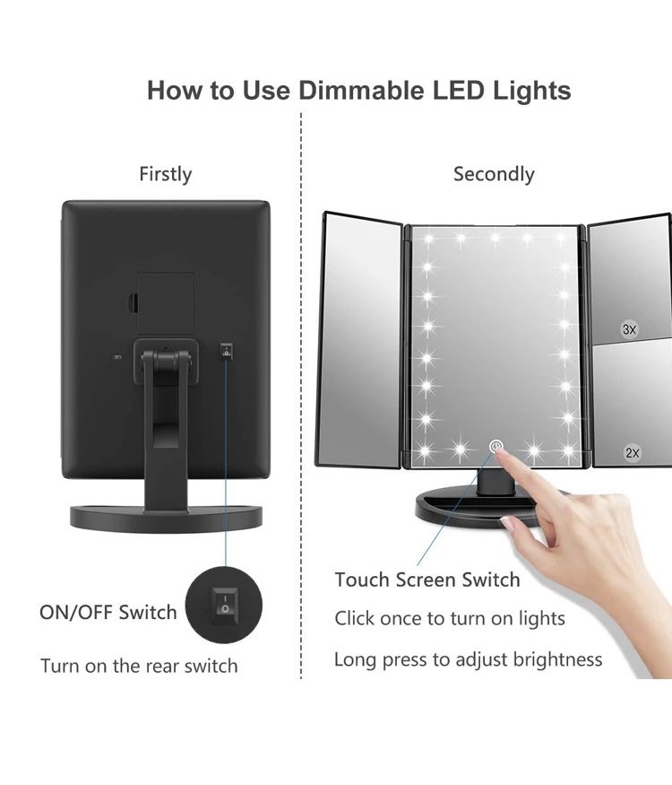 Touch Control Trifold Mirror 1x/2XL/3x Magnification Vanity Makeup Standing Make Up Mirror With 22 LEDs Lights