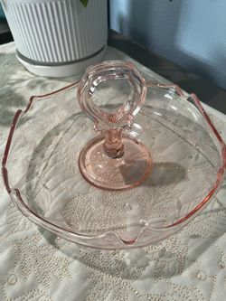 Center Handle Bon-Bon 8.5" Etched Floral Serving Dish Vintage Peach / Pink Depression Glass