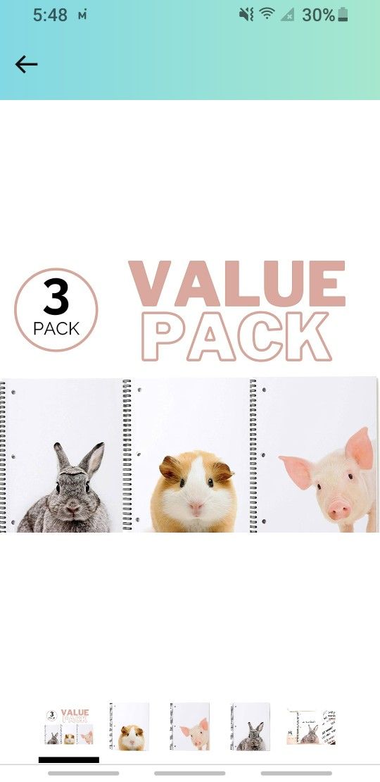 Piggy Pig, Bunny, Hamster Spiral Notebooks (Value 3 Pack) Each Spiral is 1-Subject, Wide Rule, 70-Sheets