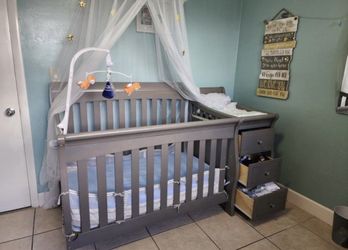 GREY CRIB & CRIB MATTRESS - EXCELLENT CONDITION