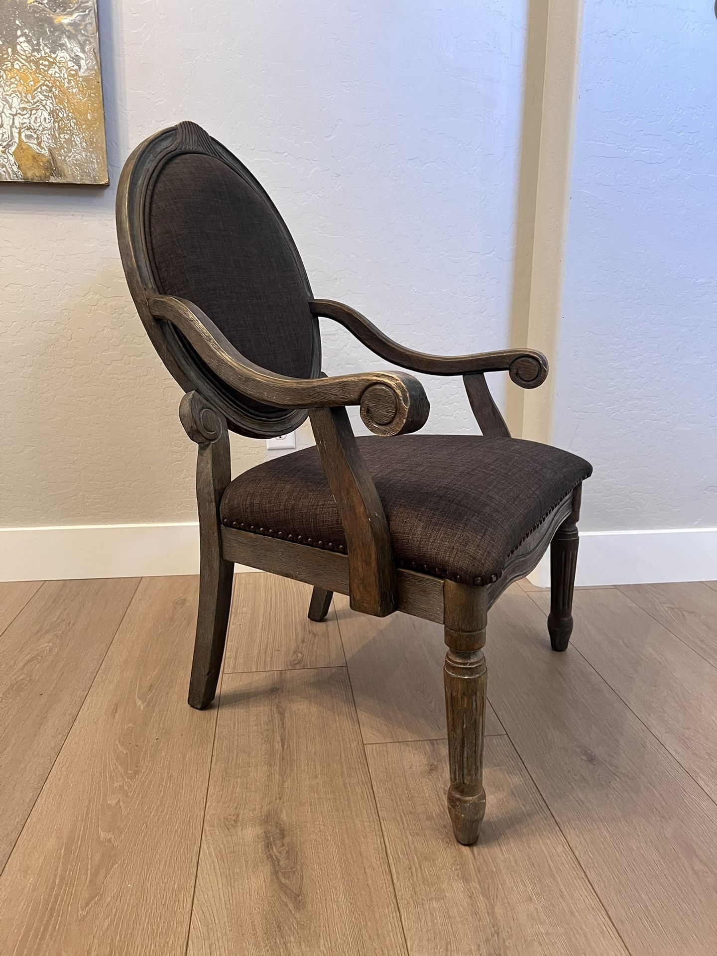 Antique Louis XVI Style Oval Back French Grey Washed Armchair w/ Nailhead Pins