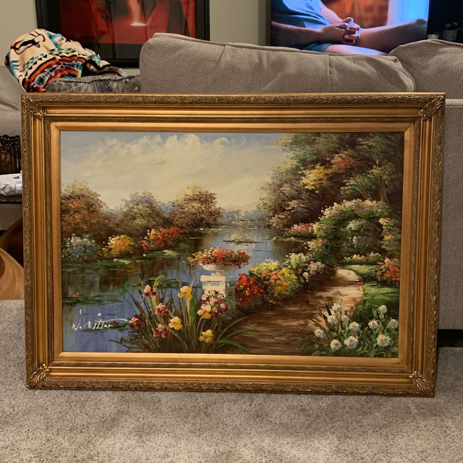 Large Oil Painting water, lilies, and flowers