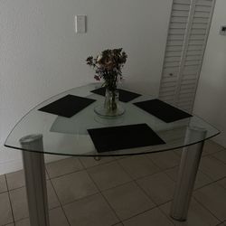 Modern Glass Triangle Dining Table with Frosted Center & Metal Legs