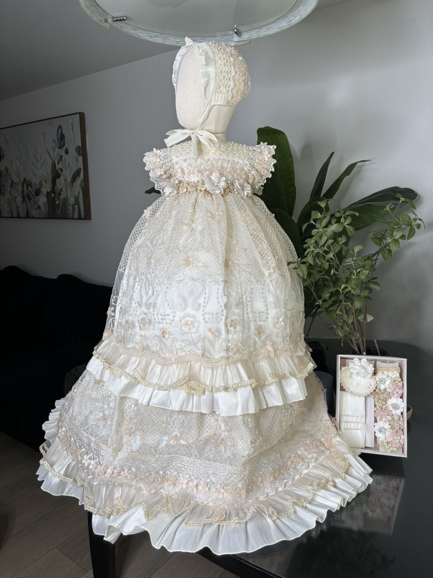 Handmade Baptism Dress Set – Baby Girl Christening Gown with Bonnet and Candle Set – Ropón de Bautizo