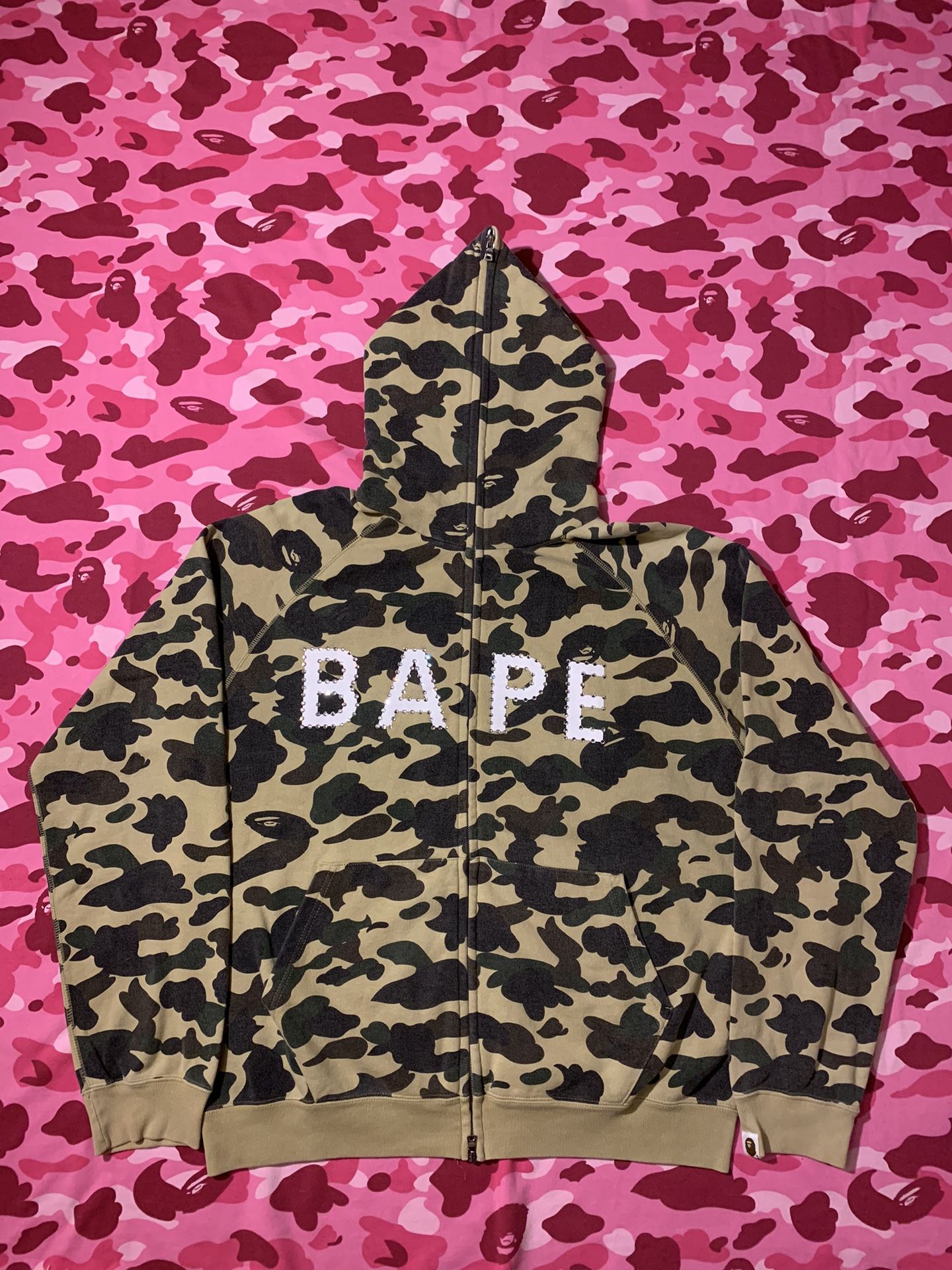 99’ Bape 1st Yellow Camo Swarovski SpellOut Hoodie