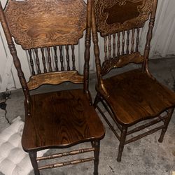 Pair Of Antique Pressed Back Wooden Chairs
