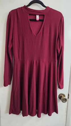 Burgundy Long Sleeve Choker Neck Skater Dress
