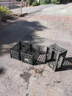 Black Plastic Milk crate and 2 plastic Stackable Crates All For