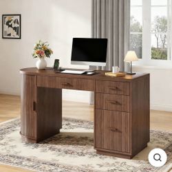 57 Inch Executive Desk, Fluted Home Office Desk with Drawers and File Cabinet, Computer Desk for Work and Study