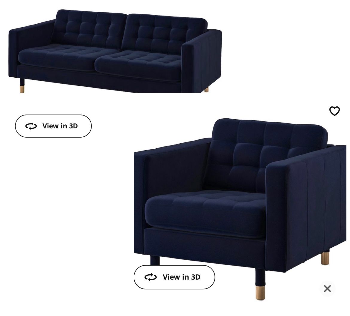 Velvet Dark Blue 3 Seat Sofa and Arm Chair Combo