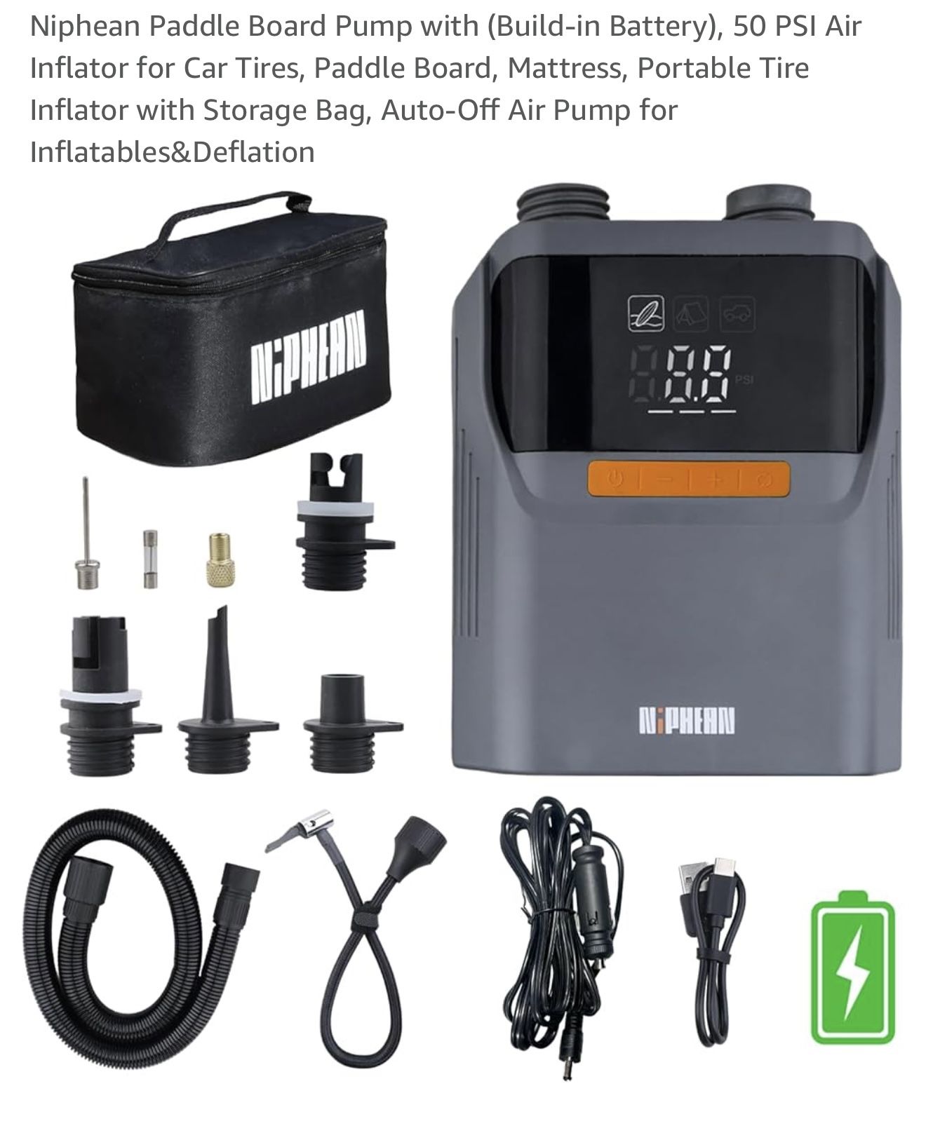 Niphean Paddle Board Pump with (Build-in Battery), 50 PSI Air Inflator for Car Tires, Paddle Board, Mattress, Portable Tire Inflator with Storage Bag,