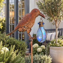 Vintage Metal Folk Art Bird Crow Raven Statue Sculpture Metal Rusty Decor Aged Stake Hanger Garden Landscape 