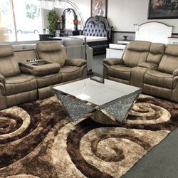 2PC Brown Sofa & Loveseat w/ Drop Down Cup Holder