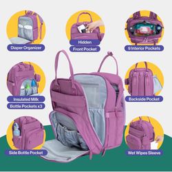 BabbleRoo Diaper Bag Backpack - Baby Essentials Travel Tote, Purple, Unisex