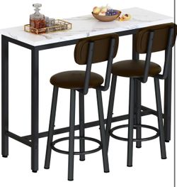AWQM 3 Piece Bar Table Set of 2,39.3" Pub Bar Table and Chairs Set,Faux Marble Bar Height Table with 2 Backrest Stools,Small Dining Table for 2,Kitche