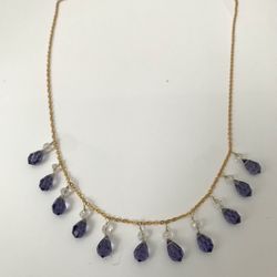 Preciosa Crystal Machine Cut Drops Tanzanite Necklace, 18”, 18K Gold Plated
