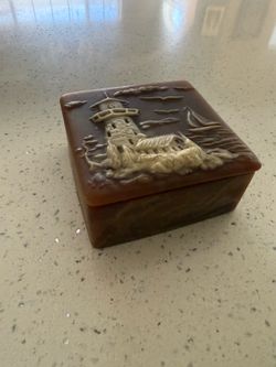 Vintage Genuine Incolay Stone Lighthouse Coastal Trinket Jewelry Box Nautical Keepsake