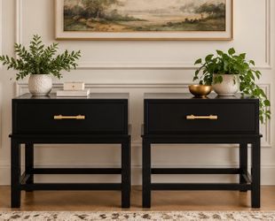 Pair of Professionally Refinished Black Nightstands – Gold Colored Hardware