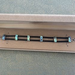Vintage Sajen Men's Sterling Silver 925 Spaced Bar Abalone Inlay Double Rubber Cord 7.75"-9.75" Bracelet