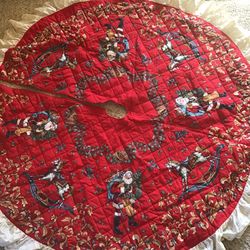 Vintage Handmade Quilted Santa & Rocking Horse Tree Skirt