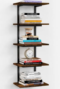5 Tier Wall Bookshelf Unit for Bedroom Books, Large Floating Book Shelves Wall Mounted, Rustic Wood Lack Tiered Hanging Shelf for Kitchen Office Livin