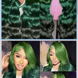 100% Human Hair 30 Inch Green Ombré Wig 