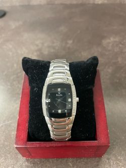 Ladies Bulova 96R40 Stainless Steel Diamond Accent Black Dial Watch