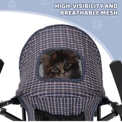 Foldable Stroller for Small/Medium Dogs Cats, Lightweight 4-Wheels Compact Pet Stroller with Rear Storage, Load Up to 22 lbs, Plaid  Color
