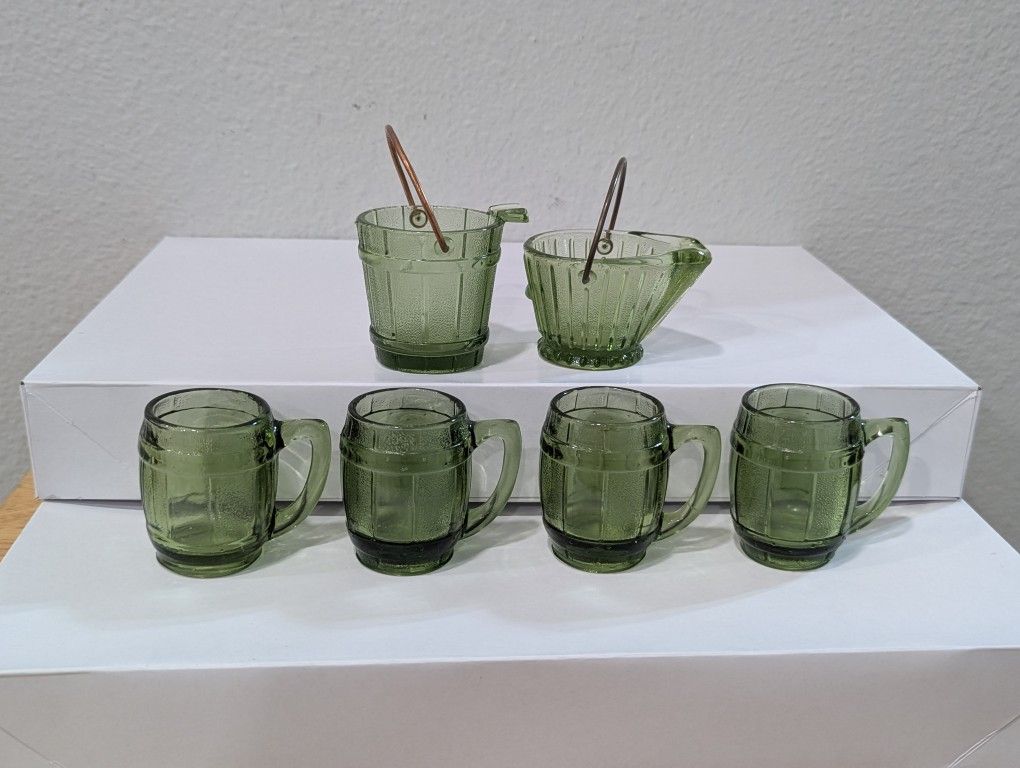 Vintage Hazel Atlas Depression Glass Coal Bucket & Water Bucket Ashtrays& 4- Barrel Shaped Mini Mugs