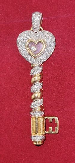 18k Yellow Gold 1.3ct Diamond Heart Key & Bale Floating Diamond Pendant 2.5"TALL