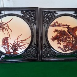 Wall Art Chinese 3-D Hand-carved Lacquer Plates Framed Set Of 2  23" X 23"