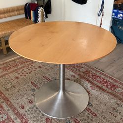 Room & Board 36” Round Pedestal Table – Solid Wood Top + Brushed Steel Base 