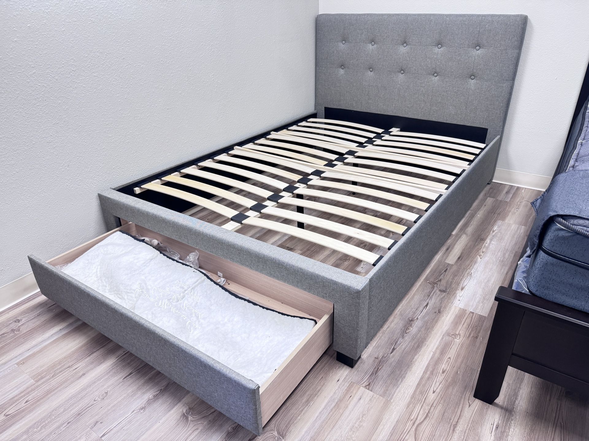REDUCED Platform bed Frame brand new in box Grey Fabric with Storage Drawer Queen $258 Full $238