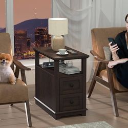HIFYOBRO Narrow End Table with Flip Top Charging Station, Side Table with 2 Drawers, Type-C & USB Port & Power outlets, Wooden Storage Cabinet, Side T