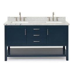 ARIEL Bayhill 60-in Midnight Blue Undermount Double Sink Bathroom Vanity with Carrara White Marble Marble Top