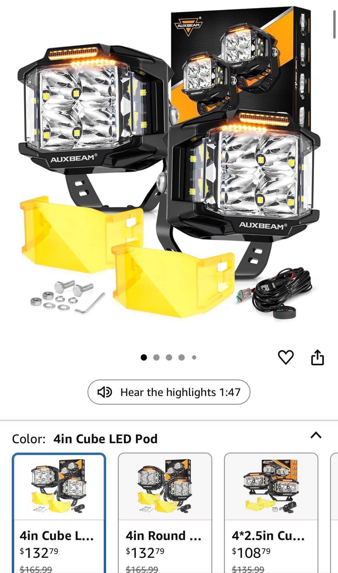 Auxbeam 4" 92W Cube LED Pod with Amber DRL, V-MAX Series Offroad Pod Lights with Side Shooter & Amber Covers, Offroad LED Cube Offroad Square Light 27