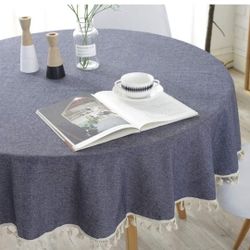 Tenmon Rectangular Lace Cotton Linen Tablecloth, Simple Tablecloth, Used for Kitchen Table Decoration Coffee Table Cover (Circle Diameter 59 Inch, Nav