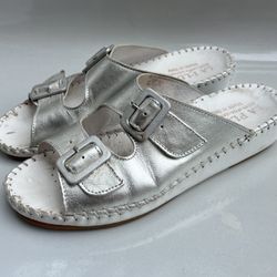 La Plume Silver White Women's Leather Comfort Sandals Size EU 38 US 7.5-8  