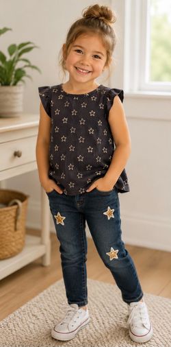 Wonderkids Black Star Print Tank Top and Jeans Set / 5T