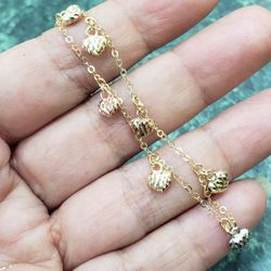 Real 14k Gold Diamond Cut Dangling Hearts Anklet